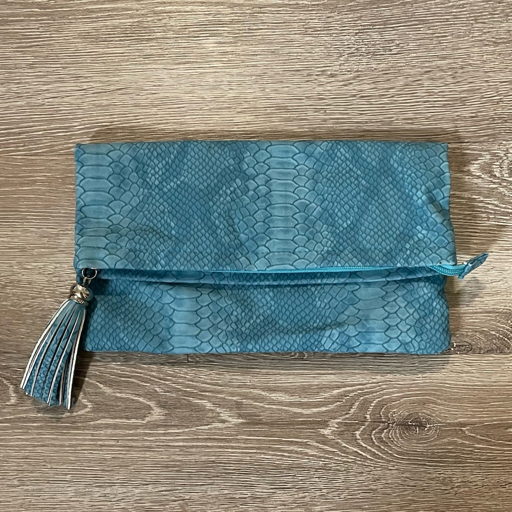 A Twelve NYC Blue Turquoise Faux Suede Clutch MADE Exclusively for Bloomingdales